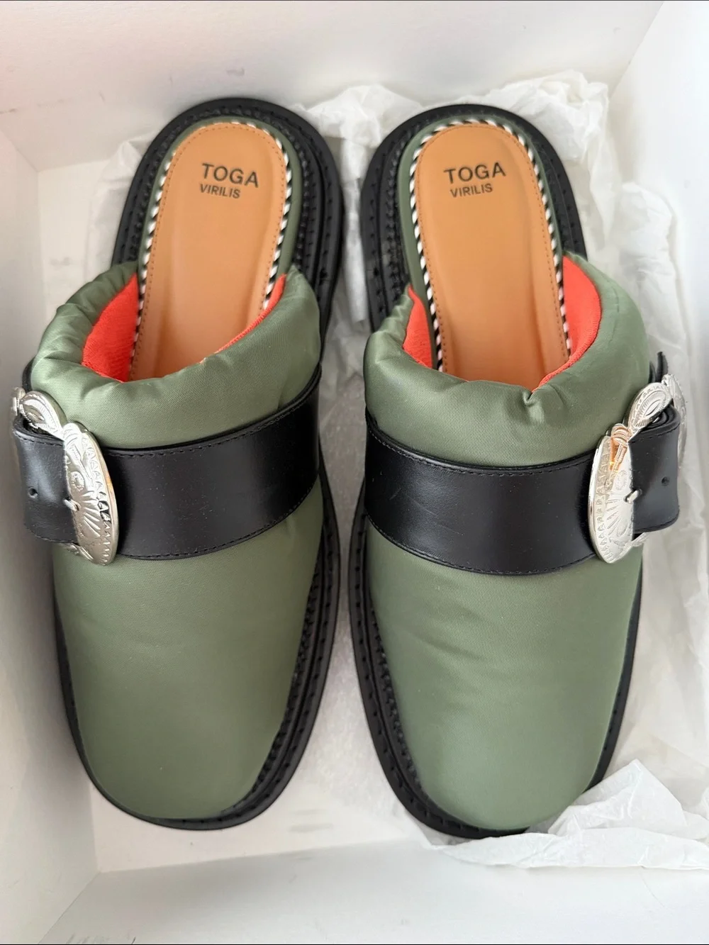 TOGA Virilis AJ 1357 Olive Nylon Slip-on Buckle Mules Men’s EU 45 / US 12
